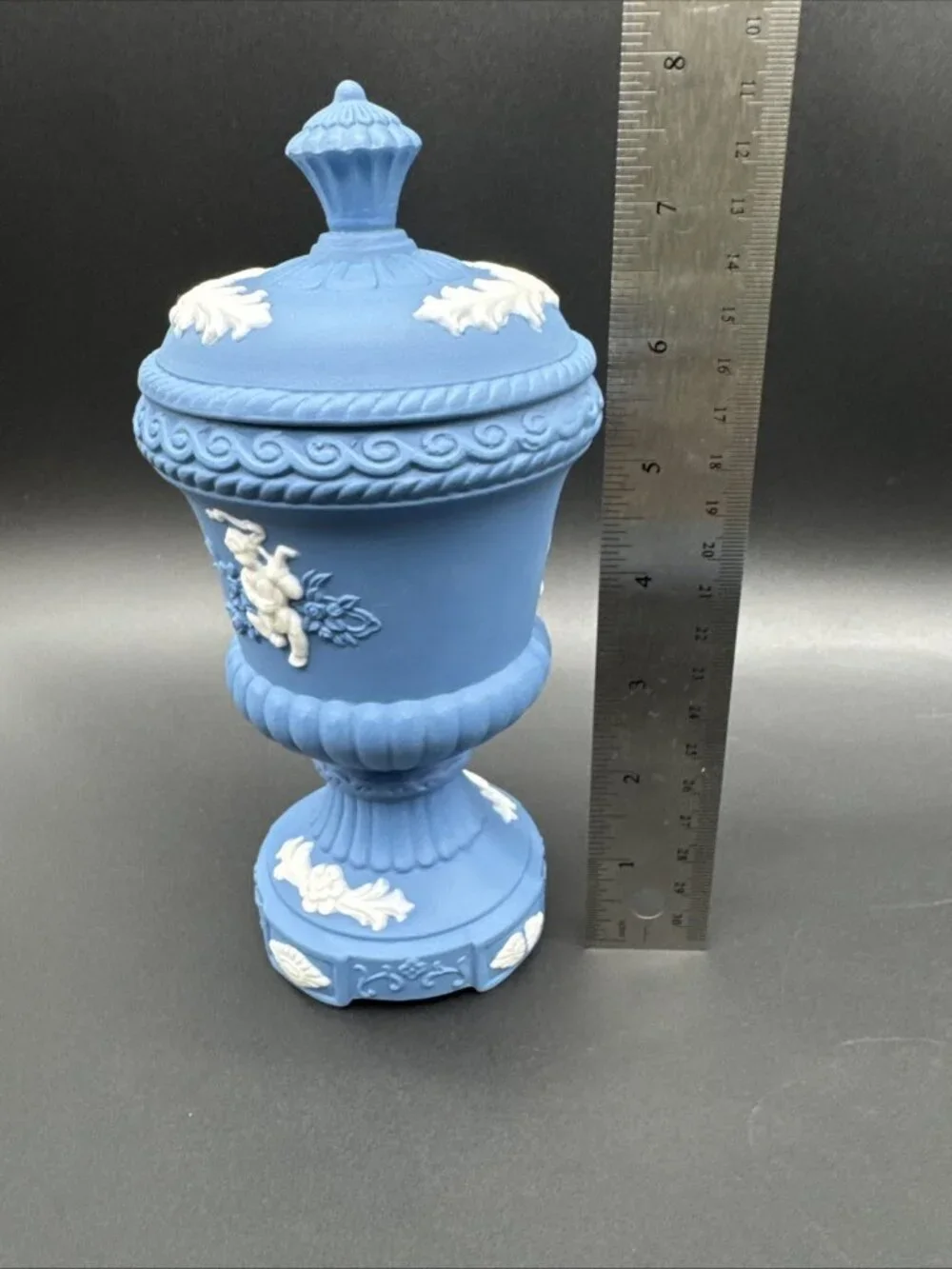 Vintage Blue Jasperware Style Ornate Cherub Floral Urn Apothecary 8”
